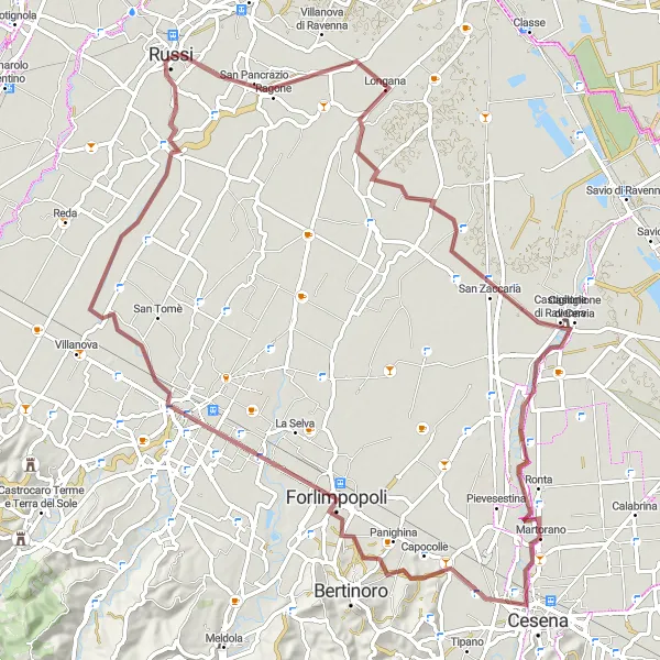 Miniatua del mapa de inspiración ciclista "Ruta de grava de Russi a Forlì" en Emilia-Romagna, Italy. Generado por Tarmacs.app planificador de rutas ciclistas