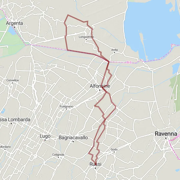 Miniatua del mapa de inspiración ciclista "Ruta de grava de Russi a Villanova di Bagnacavallo" en Emilia-Romagna, Italy. Generado por Tarmacs.app planificador de rutas ciclistas