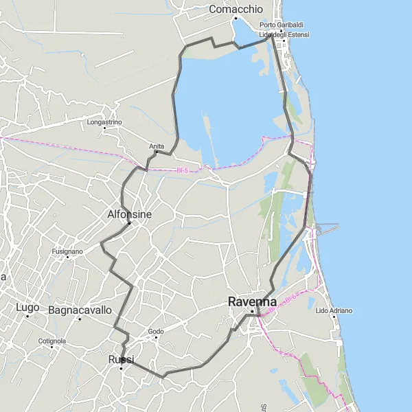 Map miniature of "Coastal Road Adventure" cycling inspiration in Emilia-Romagna, Italy. Generated by Tarmacs.app cycling route planner