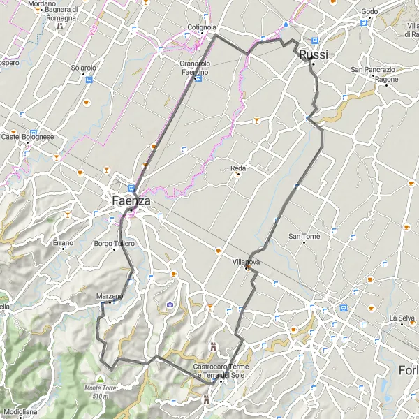 Miniaturní mapa "Okruh Villanova - Castrocaro Terme e Terra del Sole - Monte Castellaccio - Faenza - Granarolo Faentino - Russi" inspirace pro cyklisty v oblasti Emilia-Romagna, Italy. Vytvořeno pomocí plánovače tras Tarmacs.app