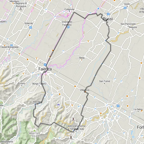 Miniaturekort af cykelinspirationen "Sølvvej til Faenza" i Emilia-Romagna, Italy. Genereret af Tarmacs.app cykelruteplanlægger