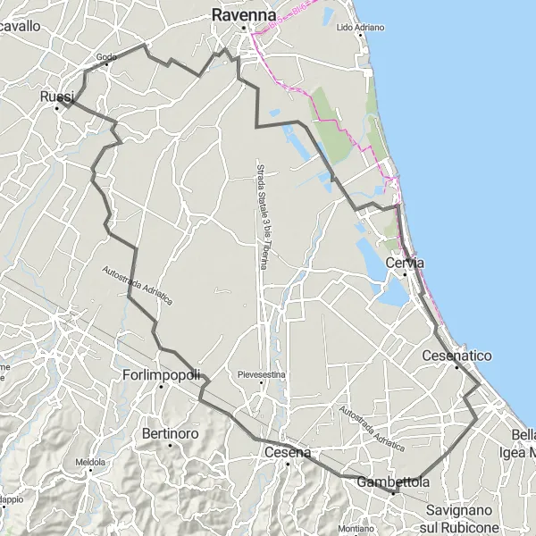 Kartminiatyr av "Sykkeltur rundt Russi og Cesena" sykkelinspirasjon i Emilia-Romagna, Italy. Generert av Tarmacs.app sykkelrutoplanlegger