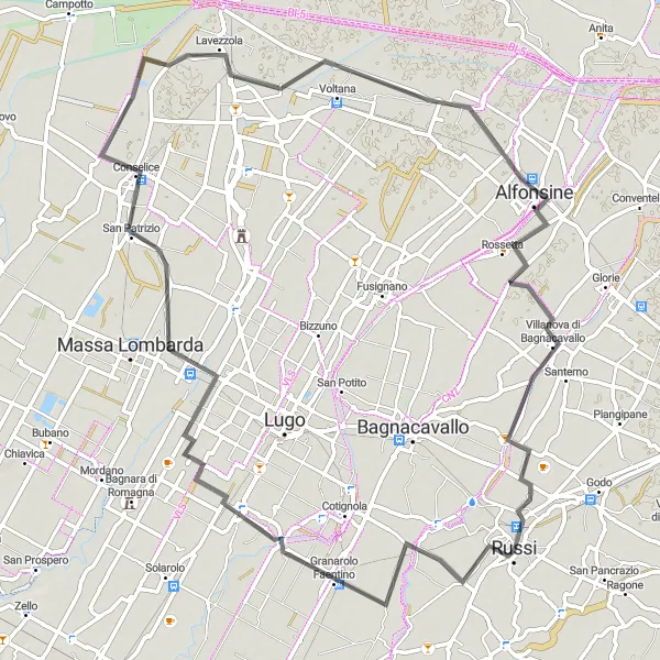 Map miniature of "Russi to Alfonsine via Barbiano and Sant'Agata sul Santerno" cycling inspiration in Emilia-Romagna, Italy. Generated by Tarmacs.app cycling route planner