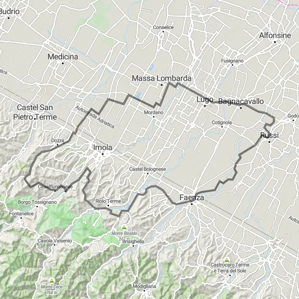 Map miniature of "Russi to Bagnacavallo via Pieve Cesato and Sant'Agata sul Santerno" cycling inspiration in Emilia-Romagna, Italy. Generated by Tarmacs.app cycling route planner