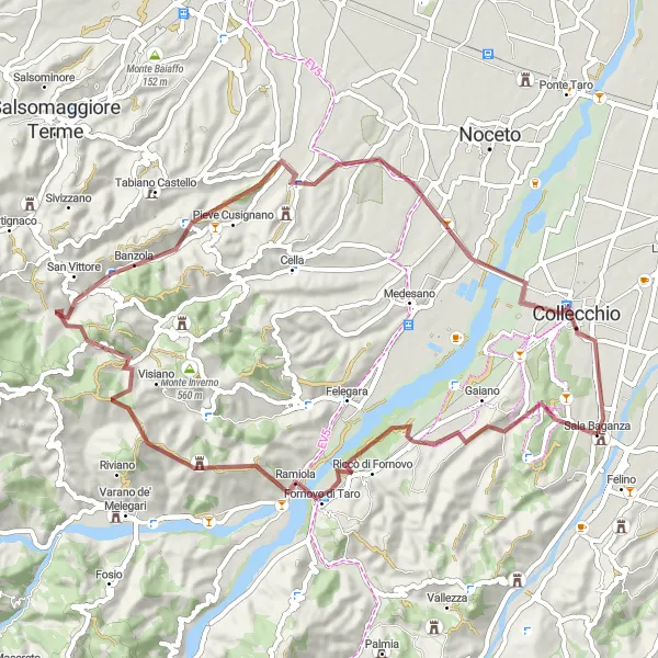 Mapa miniatúra "Náročný gravelokruh s nádhernými výhledy" cyklistická inšpirácia v Emilia-Romagna, Italy. Vygenerované cyklistickým plánovačom trás Tarmacs.app