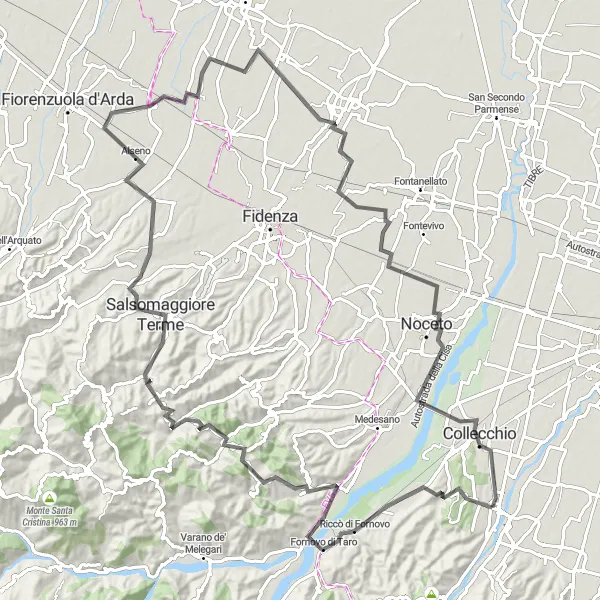 Miniaturní mapa "Prozkoumání Monte Calvo" inspirace pro cyklisty v oblasti Emilia-Romagna, Italy. Vytvořeno pomocí plánovače tras Tarmacs.app