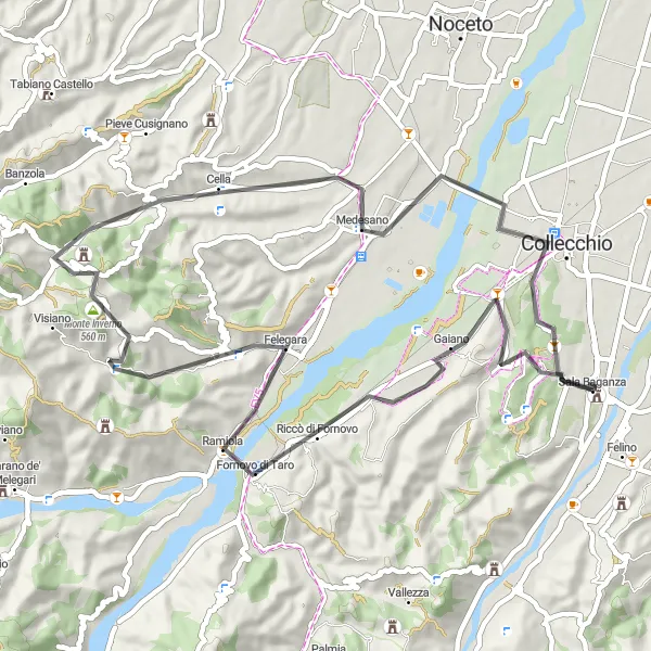 Miniatua del mapa de inspiración ciclista "Ruta de carretera a través de Sala Baganza" en Emilia-Romagna, Italy. Generado por Tarmacs.app planificador de rutas ciclistas