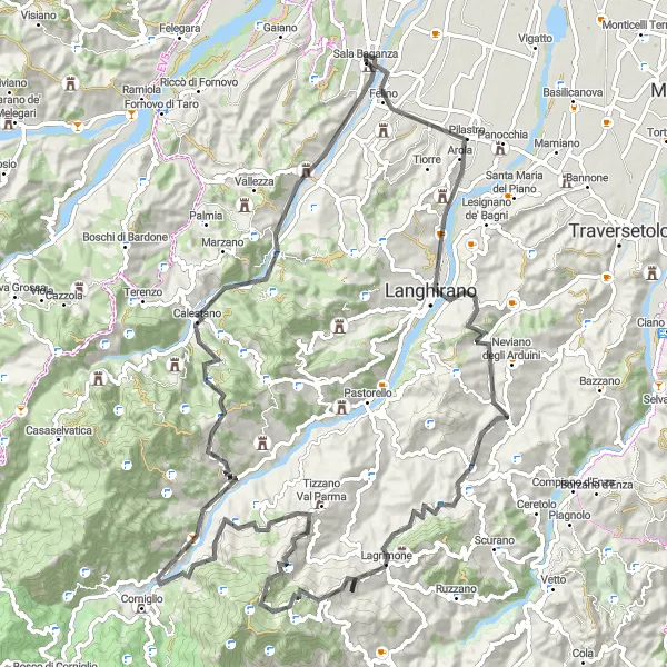 Miniaturní mapa "Výzva ve stoupání kolem Sala Baganza" inspirace pro cyklisty v oblasti Emilia-Romagna, Italy. Vytvořeno pomocí plánovače tras Tarmacs.app