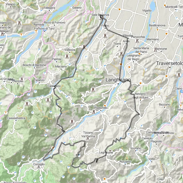 Map miniature of "Sala Baganza to Felino Loop" cycling inspiration in Emilia-Romagna, Italy. Generated by Tarmacs.app cycling route planner