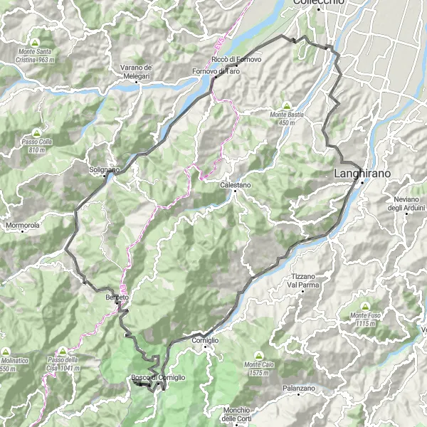 Map miniature of "Sala Baganza - Monte Castelletto - Passo di Cirone - Rocca Sanvitale" cycling inspiration in Emilia-Romagna, Italy. Generated by Tarmacs.app cycling route planner