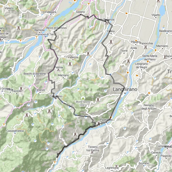 Zemljevid v pomanjšavi "Kolesarska pot do Rocca Sanvitale" kolesarske inspiracije v Emilia-Romagna, Italy. Generirano z načrtovalcem kolesarskih poti Tarmacs.app