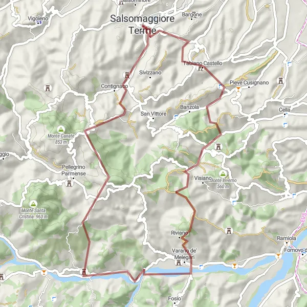 Map miniature of "Gravel Adventure: Monte San Biagio Loop" cycling inspiration in Emilia-Romagna, Italy. Generated by Tarmacs.app cycling route planner