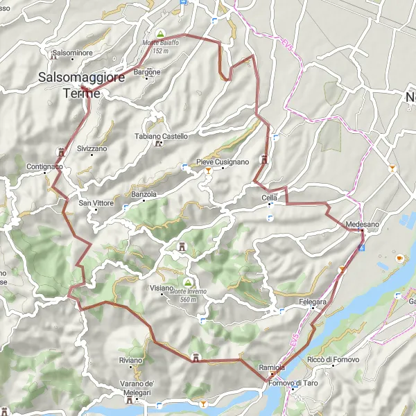 Kartminiatyr av "Salsomaggiore Terme - Monte Baiaffo Gravelväg 59km" cykelinspiration i Emilia-Romagna, Italy. Genererad av Tarmacs.app cykelruttplanerare