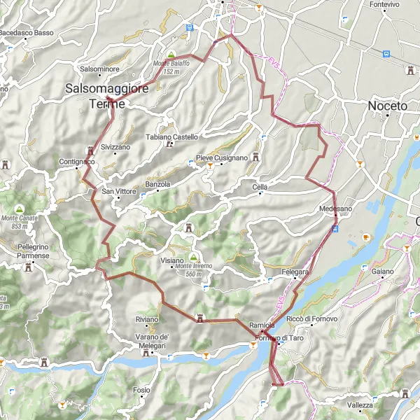 Map miniature of "Bargone and Castello di Roccalanzona Gravel Route" cycling inspiration in Emilia-Romagna, Italy. Generated by Tarmacs.app cycling route planner