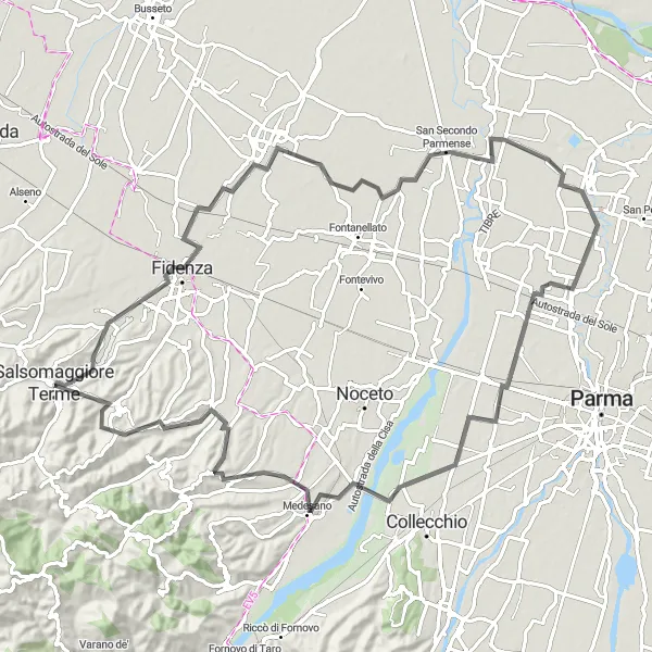 Map miniature of "Scenic Road Cycling: Baganzola Loop" cycling inspiration in Emilia-Romagna, Italy. Generated by Tarmacs.app cycling route planner