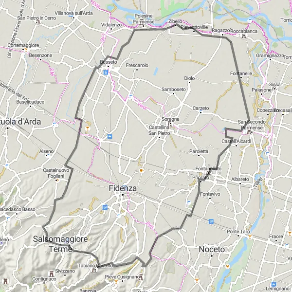 Mapa miniatúra "Okruh kolem Salsomaggiore Terme" cyklistická inšpirácia v Emilia-Romagna, Italy. Vygenerované cyklistickým plánovačom trás Tarmacs.app