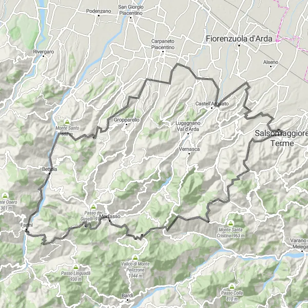 Miniaturní mapa "Náročný okruh kolem Salsomaggiore Terme" inspirace pro cyklisty v oblasti Emilia-Romagna, Italy. Vytvořeno pomocí plánovače tras Tarmacs.app