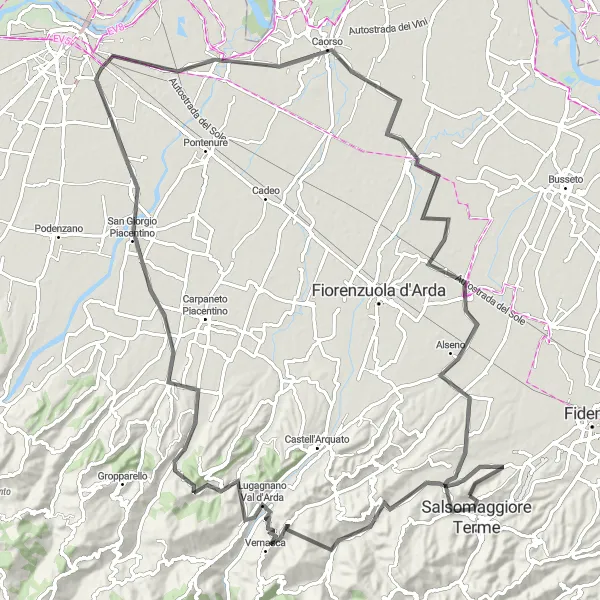 Miniaturekort af cykelinspirationen "Rundtur på landevej gennem smukke landskaber" i Emilia-Romagna, Italy. Genereret af Tarmacs.app cykelruteplanlægger