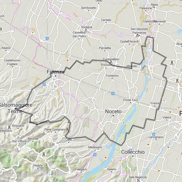 Miniaturní mapa "Cyklotrasa v okolí Salsomaggiore Terme" inspirace pro cyklisty v oblasti Emilia-Romagna, Italy. Vytvořeno pomocí plánovače tras Tarmacs.app