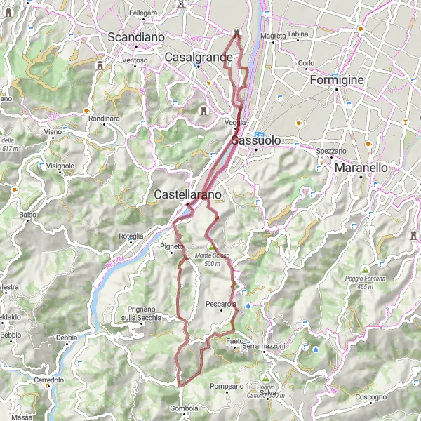 Miniatura della mappa di ispirazione al ciclismo "Avventura in mountain bike tra Salvaterra e Castellarano" nella regione di Emilia-Romagna, Italy. Generata da Tarmacs.app, pianificatore di rotte ciclistiche