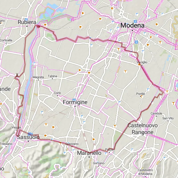 Zemljevid v pomanjšavi "Rustikalna pot po makadamu" kolesarske inspiracije v Emilia-Romagna, Italy. Generirano z načrtovalcem kolesarskih poti Tarmacs.app