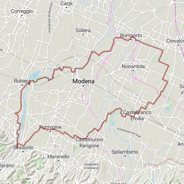 Karten-Miniaturansicht der Radinspiration "Gravel-Tour rund um Salvaterra über Marzaglia, La Rocca und mehr" in Emilia-Romagna, Italy. Erstellt vom Tarmacs.app-Routenplaner für Radtouren