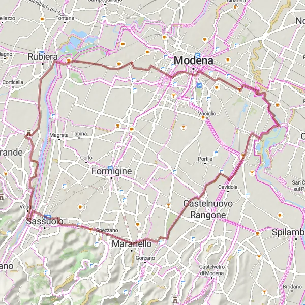 Miniatua del mapa de inspiración ciclista "Ruta del Castello di Salvaterra" en Emilia-Romagna, Italy. Generado por Tarmacs.app planificador de rutas ciclistas