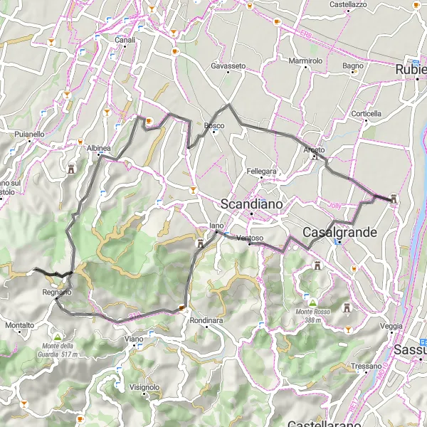 Map miniature of "Salvaterra Loop" cycling inspiration in Emilia-Romagna, Italy. Generated by Tarmacs.app cycling route planner