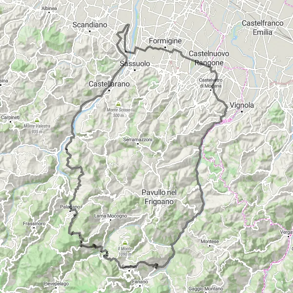 Miniature de la carte de l'inspiration cycliste "Défi sur les collines de Salvaterra" dans la Emilia-Romagna, Italy. Générée par le planificateur d'itinéraire cycliste Tarmacs.app