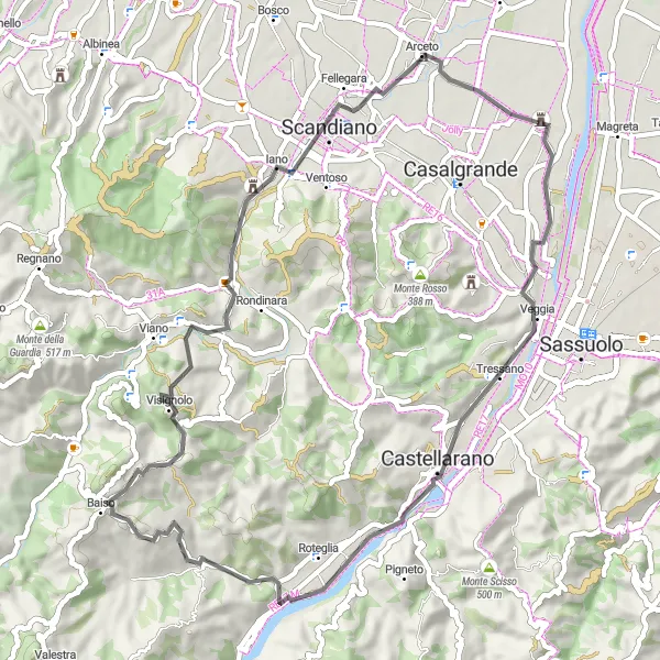 Kartminiatyr av "Vägcykling runt Salvaterra" cykelinspiration i Emilia-Romagna, Italy. Genererad av Tarmacs.app cykelruttplanerare