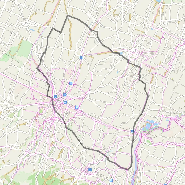 Mapa miniatúra "Road Cyklotrasa cez Historické Mestečká" cyklistická inšpirácia v Emilia-Romagna, Italy. Vygenerované cyklistickým plánovačom trás Tarmacs.app