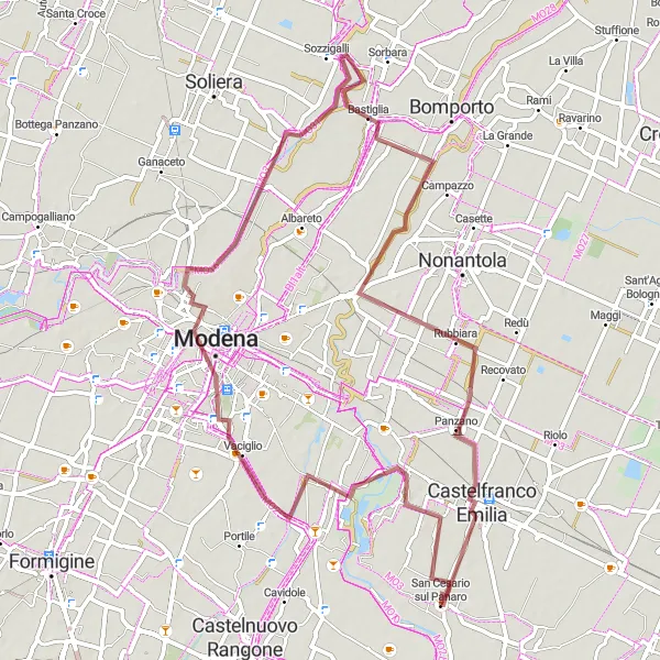 Kartminiatyr av "Grusvei Sykkeltur til Castelfranco Emilia" sykkelinspirasjon i Emilia-Romagna, Italy. Generert av Tarmacs.app sykkelrutoplanlegger