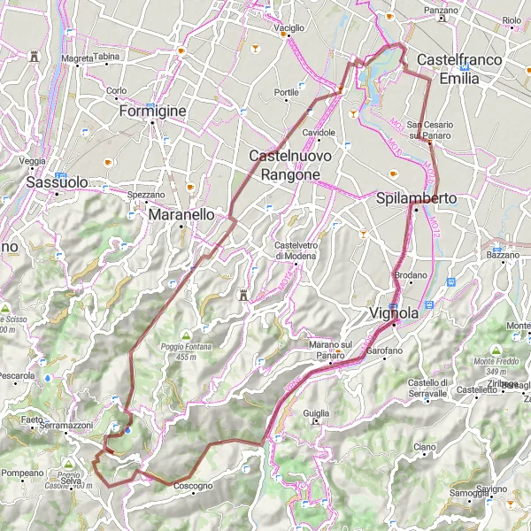 Miniature de la carte de l'inspiration cycliste "Route gravel à travers les collines de Vignola" dans la Emilia-Romagna, Italy. Générée par le planificateur d'itinéraire cycliste Tarmacs.app