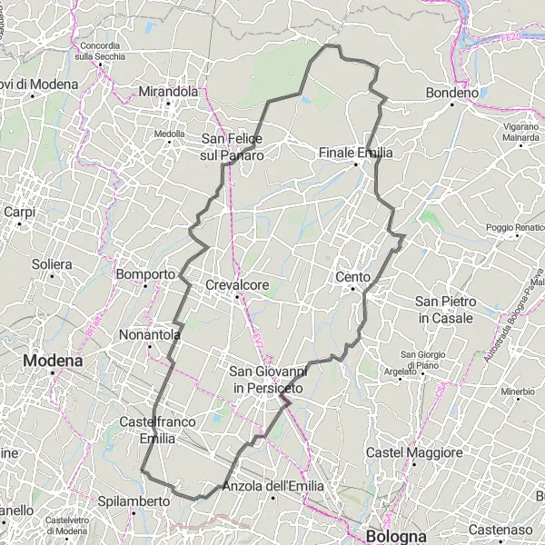 Miniatura della mappa di ispirazione al ciclismo "Avventura su strada attraverso Castelfranco Emilia" nella regione di Emilia-Romagna, Italy. Generata da Tarmacs.app, pianificatore di rotte ciclistiche