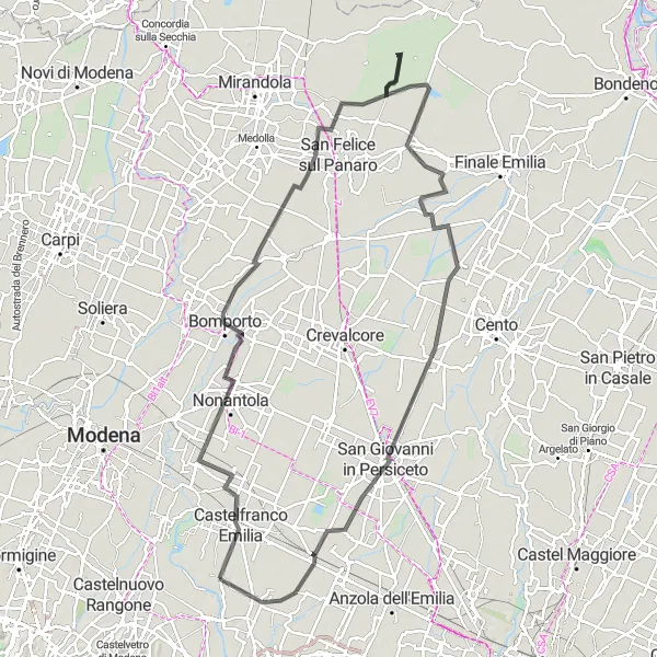 Kartminiatyr av "Upptäck charmiga Castelfranco Emilia på denna 114 km långa cykeltur" cykelinspiration i Emilia-Romagna, Italy. Genererad av Tarmacs.app cykelruttplanerare