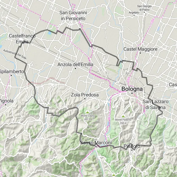Kartminiatyr av "Utfordrende sykkeltur gjennom Emilia-Romagna" sykkelinspirasjon i Emilia-Romagna, Italy. Generert av Tarmacs.app sykkelrutoplanlegger