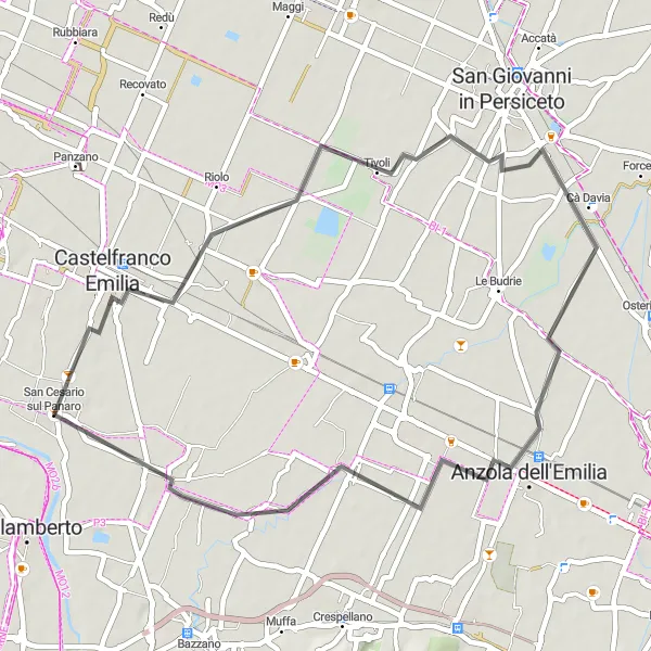 Zemljevid v pomanjšavi "Kolesarska avantura do Anzola dell'Emilia" kolesarske inspiracije v Emilia-Romagna, Italy. Generirano z načrtovalcem kolesarskih poti Tarmacs.app