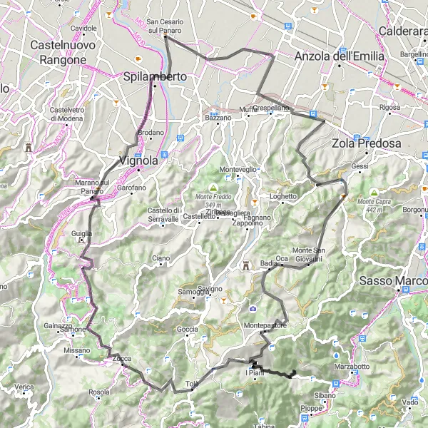 Miniatua del mapa de inspiración ciclista "Ruta de Ciclismo de Carretera alrededor de San Cesario sul Panaro" en Emilia-Romagna, Italy. Generado por Tarmacs.app planificador de rutas ciclistas