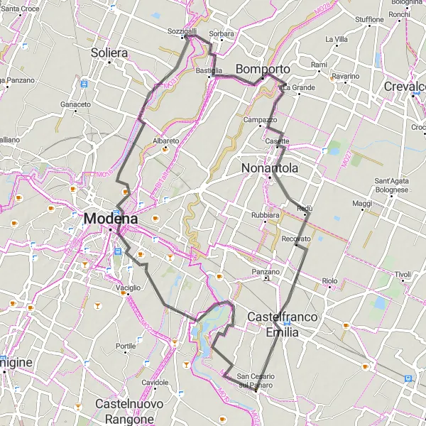 Miniatura della mappa di ispirazione al ciclismo "Cicloturismo nei dintorni di Modena" nella regione di Emilia-Romagna, Italy. Generata da Tarmacs.app, pianificatore di rotte ciclistiche