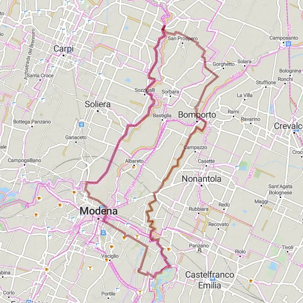 Map miniature of "Scenic Gravel Ride near San Damaso" cycling inspiration in Emilia-Romagna, Italy. Generated by Tarmacs.app cycling route planner