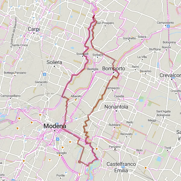 Mapa miniatúra "Gravelová trasa cez Palazzina Vigarani a Bomporto" cyklistická inšpirácia v Emilia-Romagna, Italy. Vygenerované cyklistickým plánovačom trás Tarmacs.app