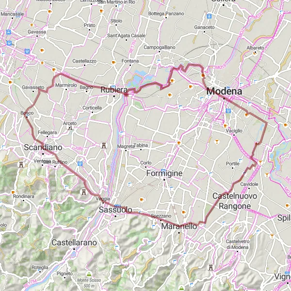 Kartminiatyr av "Grusvägen genom Fiorano Modenese och Rubiera" cykelinspiration i Emilia-Romagna, Italy. Genererad av Tarmacs.app cykelruttplanerare