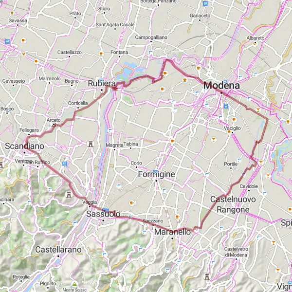 Mapa miniatúra "Gravelová trasa cez Maranello a Ghirlandina" cyklistická inšpirácia v Emilia-Romagna, Italy. Vygenerované cyklistickým plánovačom trás Tarmacs.app