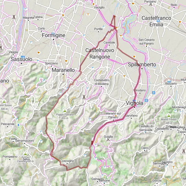 Miniaturní mapa "Gravel Route to San Donnino" inspirace pro cyklisty v oblasti Emilia-Romagna, Italy. Vytvořeno pomocí plánovače tras Tarmacs.app