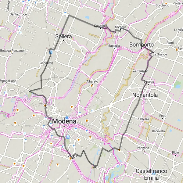 Map miniature of "The Scenic Road Loop near San Damaso" cycling inspiration in Emilia-Romagna, Italy. Generated by Tarmacs.app cycling route planner