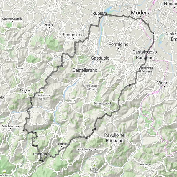 Miniature de la carte de l'inspiration cycliste "Les collines verdoyantes de Modène" dans la Emilia-Romagna, Italy. Générée par le planificateur d'itinéraire cycliste Tarmacs.app