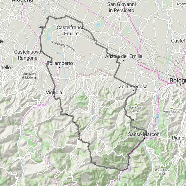 Map miniature of "Historical Road Adventure in Emilia-Romagna" cycling inspiration in Emilia-Romagna, Italy. Generated by Tarmacs.app cycling route planner