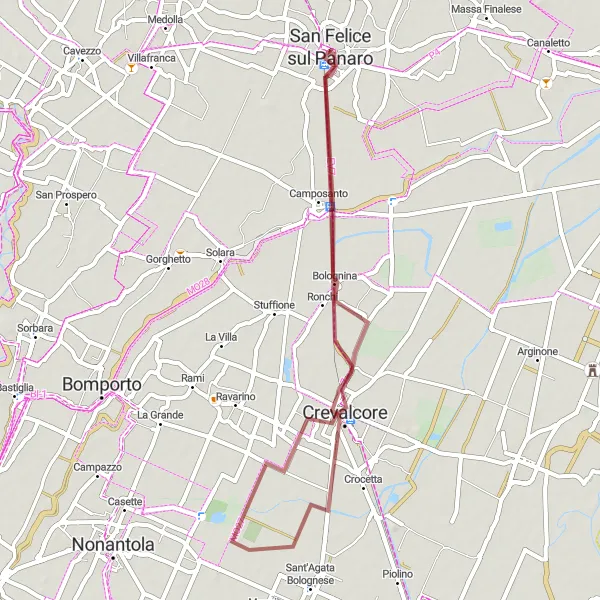 Miniatua del mapa de inspiración ciclista "Ruta de Grava Camposanto y San Felice sul Panaro" en Emilia-Romagna, Italy. Generado por Tarmacs.app planificador de rutas ciclistas