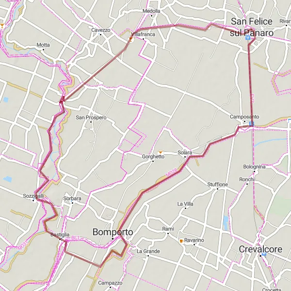 Miniaturní mapa "Gravel cesta kolem San Felice sul Panaro" inspirace pro cyklisty v oblasti Emilia-Romagna, Italy. Vytvořeno pomocí plánovače tras Tarmacs.app