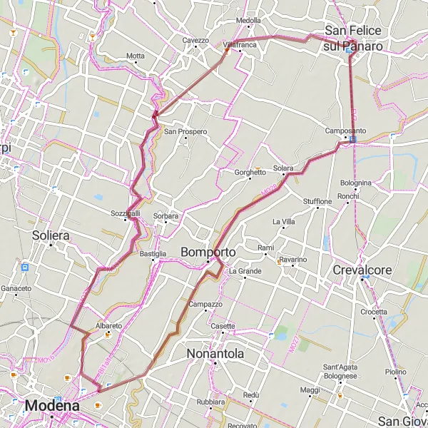 Miniaturní mapa "Gravelový okruh San Felice sul Panaro - Rocca Estense" inspirace pro cyklisty v oblasti Emilia-Romagna, Italy. Vytvořeno pomocí plánovače tras Tarmacs.app